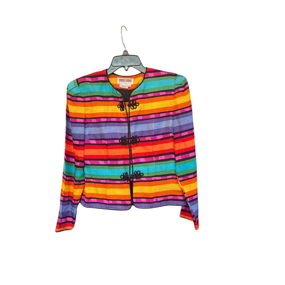 80s Maggy London Silk Rainbow Striped Frog Closure Blazer P6 colorful